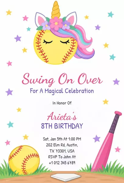 Magical Unicorn Baseball Sports Birthday Invitation Template