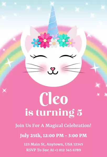 Magical Unicorn Cat 5th Birthday Celebration Invitation Template