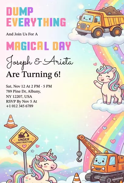 Magical Unicorn Construction Themed Birthday Celebration Invitation Template