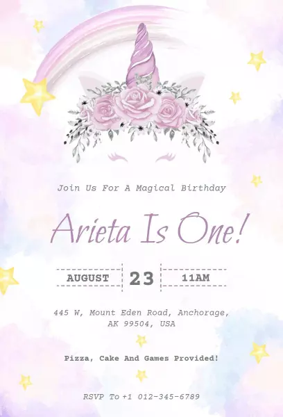 Magical Unicorn Theme 1st Birthday Celebration Invitation Template