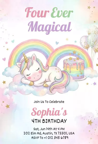 Magical Unicorn Theme Colorful Birthday Invitation Template