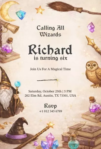 Magical Wizard Theme Birthday Celebration Invitation Template