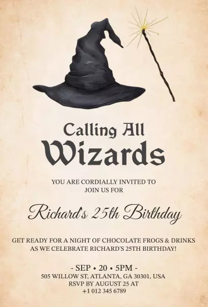 Magical Wizard Themed 25th Birthday Celebration Invitation Template