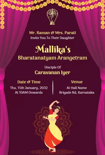 Mallika's Bharatanatyam Arangetram Cultural Ceremony Invitation Template