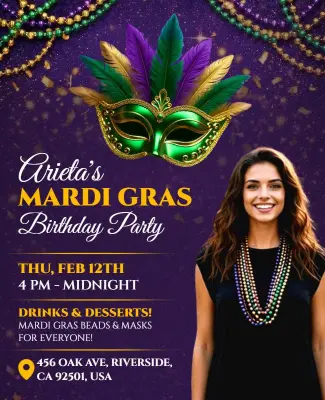 Mardi Gras Birthday Celebration Party Flyer Template