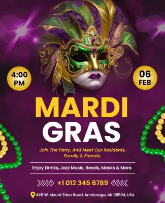 Festive Purple Mardi Gras Celebration Party Flyer Template