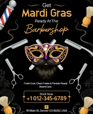 Mardi Gras Inspired Barbershop Advertising Flyer Template