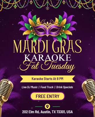 Mardi Gras Karaoke Fat Tuesday Celebration Flyer Template