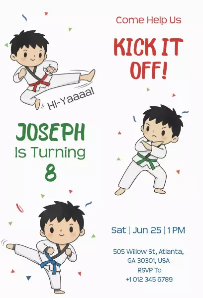 Martial Arts Themed 8th Birthday Celebration Invitation Template