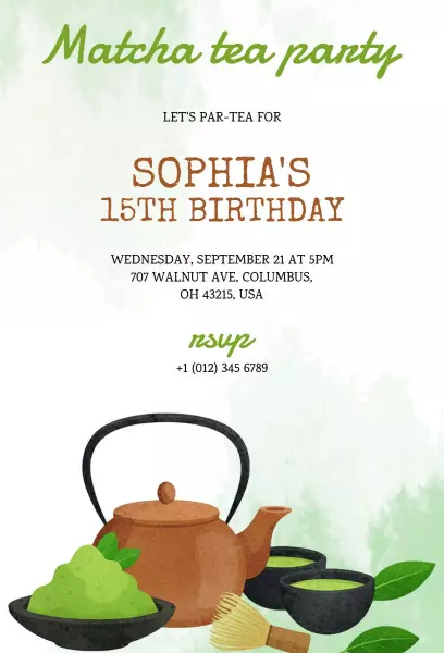 Matcha Tea Party 15th Birthday Celebration Invitation Template