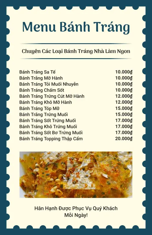 Mẫu Thực đơn Bánh Tráng Việt Nam đích Thực