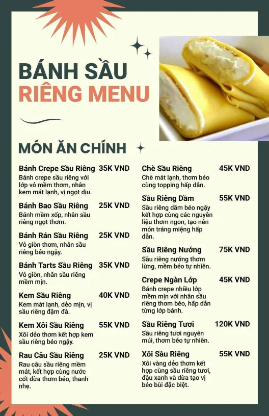 Mẫu Thực đơn Các Món Tráng Miệng Và ăn Vặt Từ Sầu Riêng Việt Nam Truyền Thống