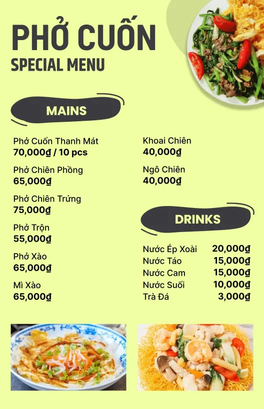 Mẫu Thực đơn đặc Biệt: Phở Cuốn Việt Nam Chuẩn Vị Và Các Món ăn Kèm Hấp Dẫn
