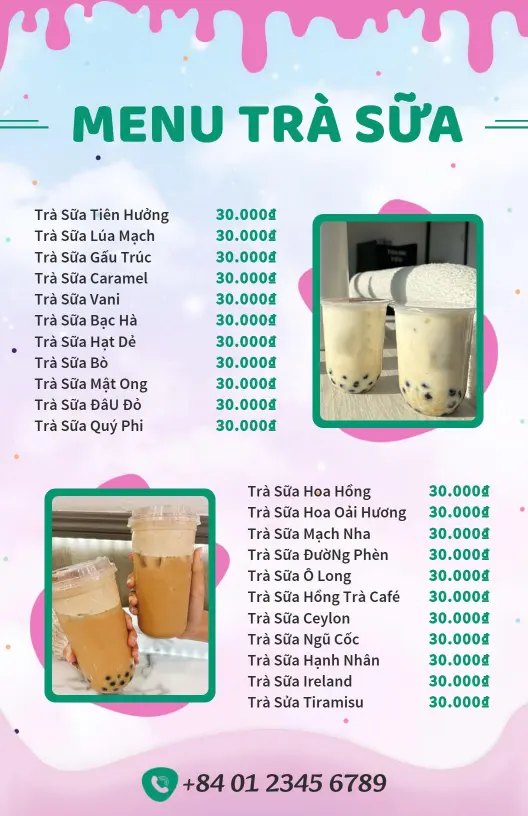 Mẫu Thực đơn Trà Sữa đầy Màu Sắc
