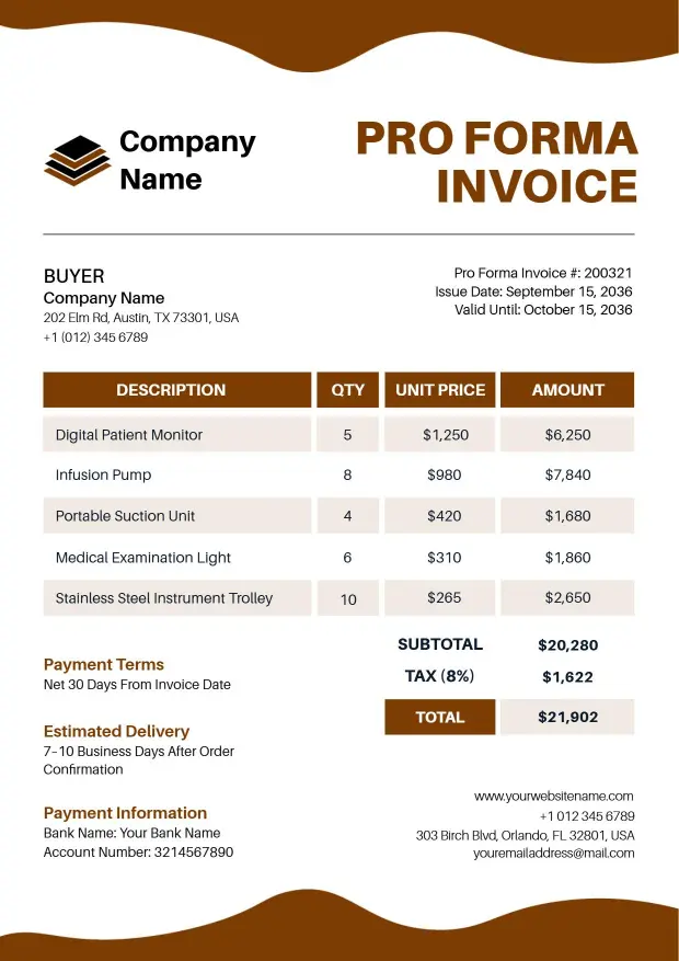 Medical Equipment Cost Proforma Invoice Template