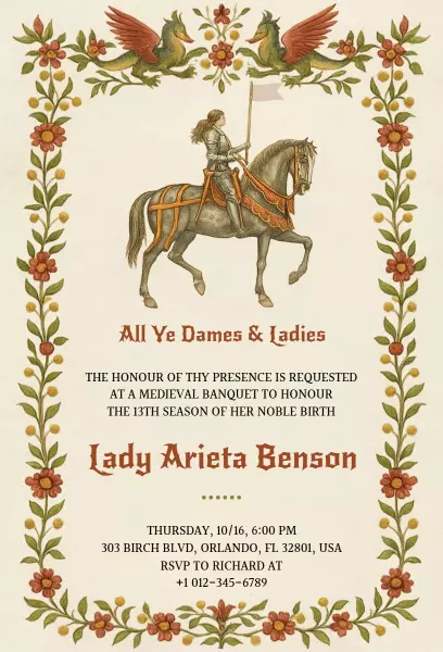 Medieval Banquet celebrating Noble Birth Birthday Invitation Template