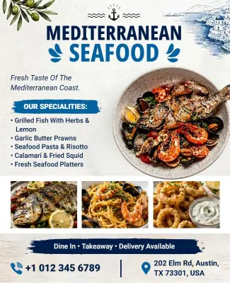 Mediterranean Seafood Restaurant Promotional Flyer Template