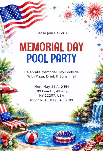 Memorial Day Festive Pool Party Celebration Invitation Template