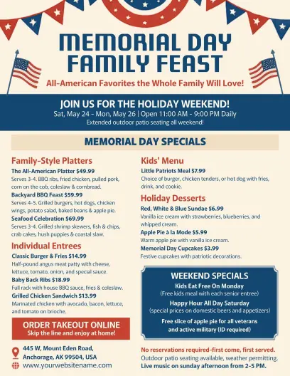 Memorial Day Restaurant Family Feast Menu Flyer Template