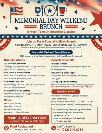 Memorial Day Weekend Brunch Menu Flyer Template