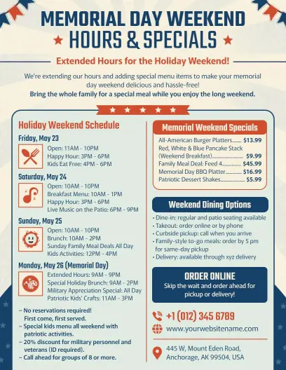 Memorial Day Weekend Hours and Specials Menu Flyer Template