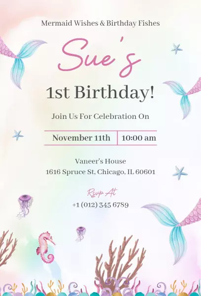 Mermaid Theme Colorful 1st Birthday Celebration Invitation Template