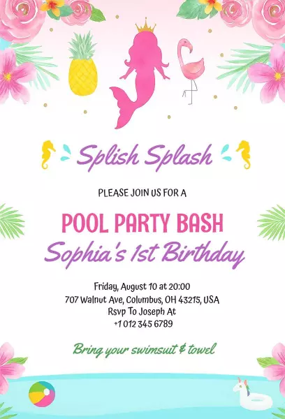 Mermaid Theme Colorful Pool Birthday Celebration Invitation Template