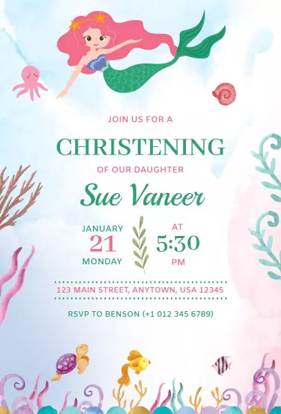 Mermaid Undersea Theme Christening Celebration Invitation Template