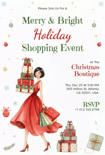 Merry Bright Holiday Shopping Event Christmas Invitation Template
