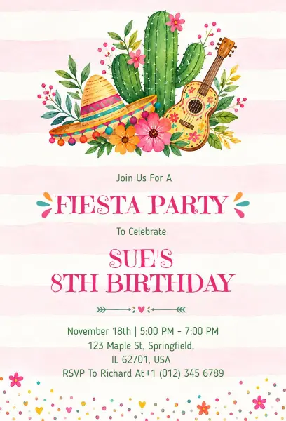 Mexican Fiesta 8th Birthday Party Invitation Template