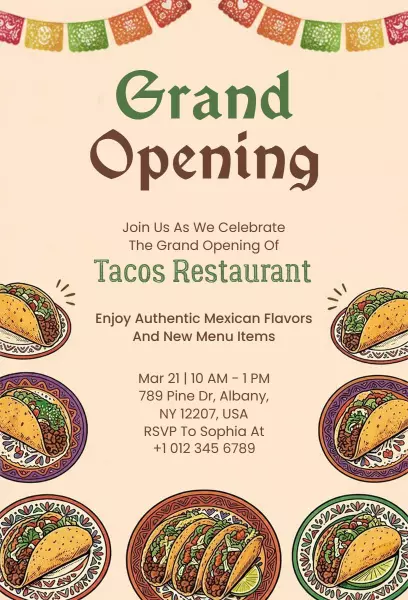 Mexican Tacos Restaurant Grand Opening Invitation Template