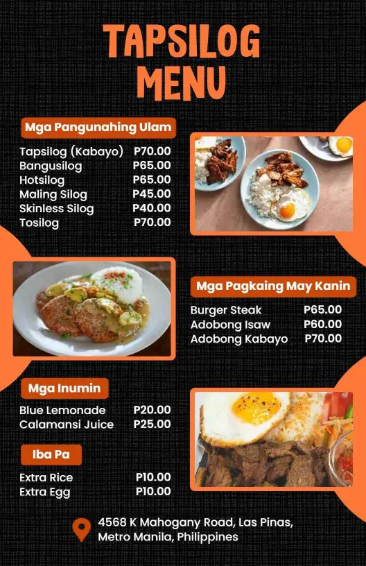 Mga Authentic Filipino Dish Na Nagtatampok Ng Tapsilog at Silog Specials Menu Template