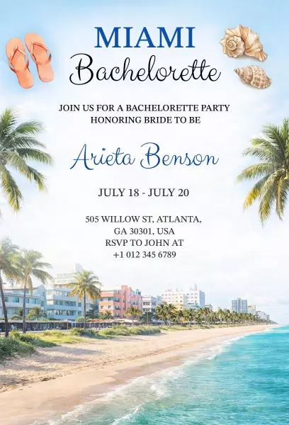 Miami Beach Themed Bachelorette Party Celebration Invitation Template
