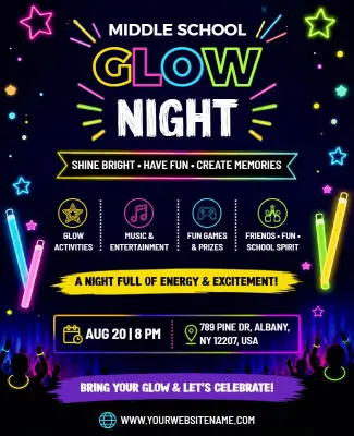 Middle School Glow Night Party Flyer Template