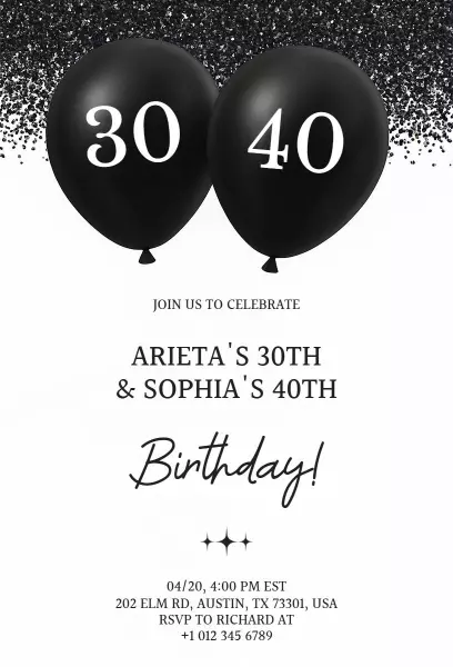 Milestone Black Balloon Dual Birthday Celebration Invitation Template