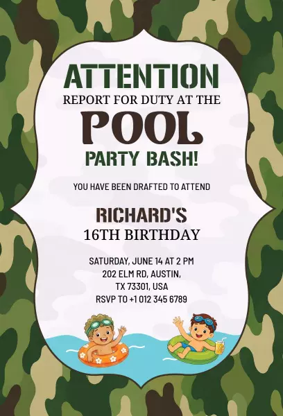 Military Camouflage Pool Party Bash Birthday Invitation Template