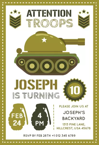 Military Tank Theme 10th Birthday Party Invitation Template