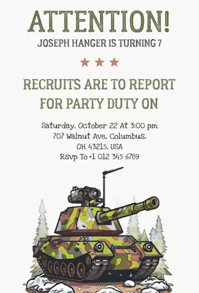 Military Tank Theme Birthday Party Celebration Invitation Template