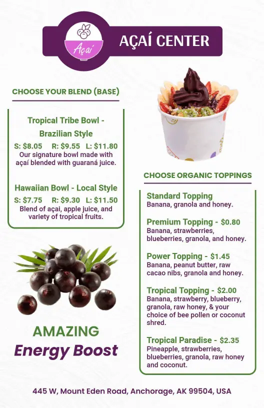 Minimalist Açaí Smoothie and Bowl Options Menu Template