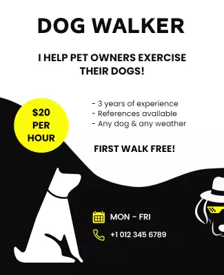 Minimalist Black and Yellow Dog Walking Service Poster Template