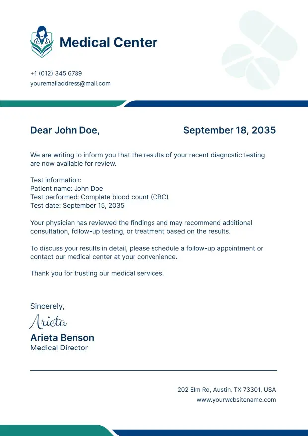 Minimalist Blue Medical Diagnostic Center Letterhead Template