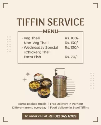 Minimalist Brown Tiffin Service Menu Delivery Poster Template
