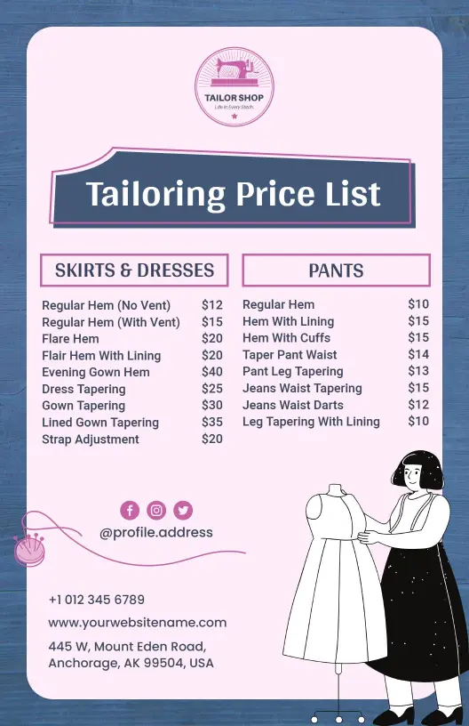 Minimalist Dress Form Illustration Tailor Price List Template