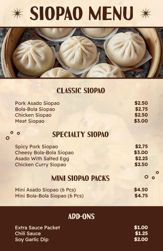 Minimalist Elegant Brown Filipino Steamed Specials Menu Template