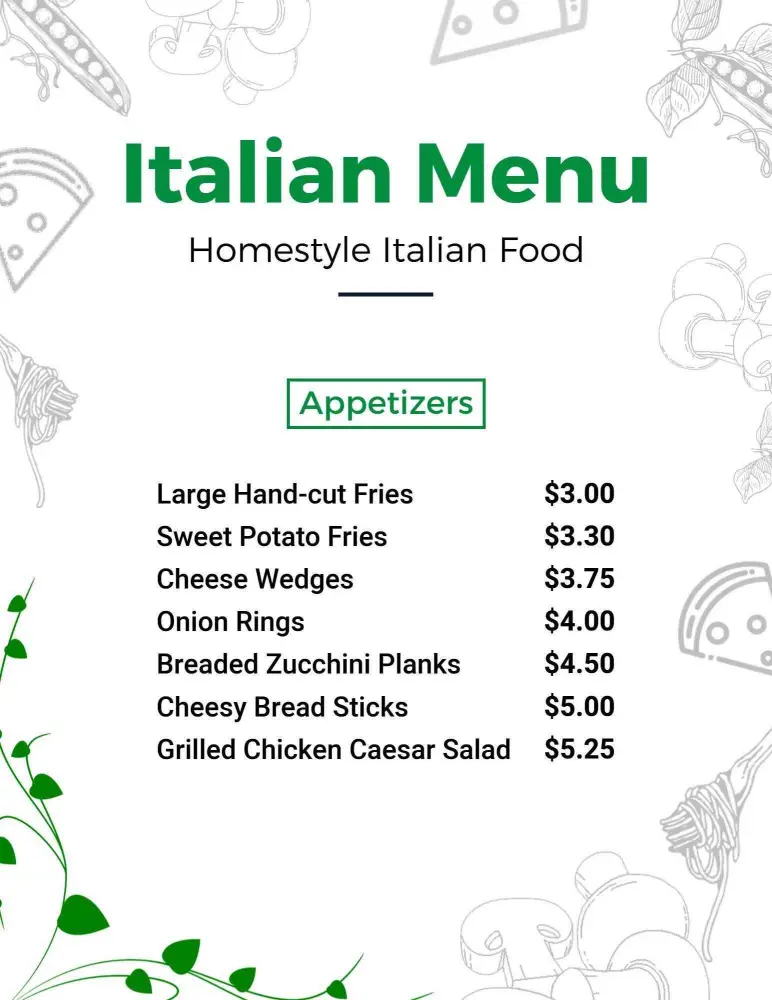 Minimalist Green Accents Italian Dinner Menu Template
