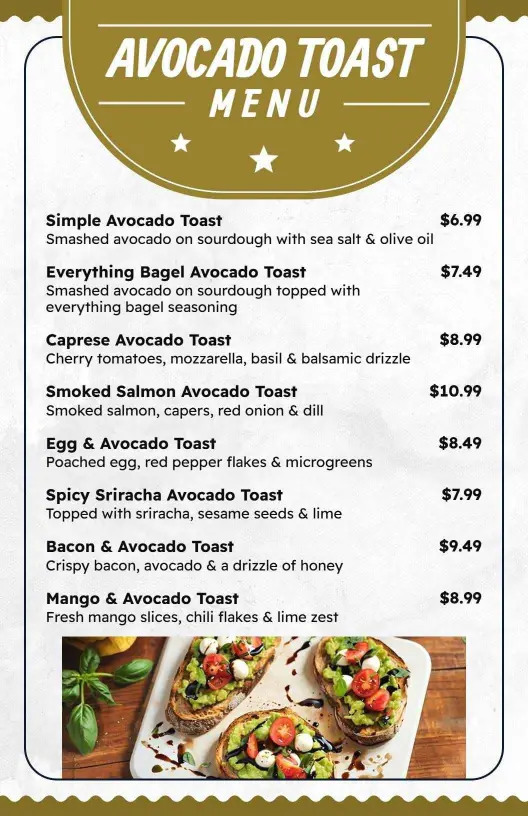 Minimalist Green and Brown Gourmet Avocado Toast Menu Template