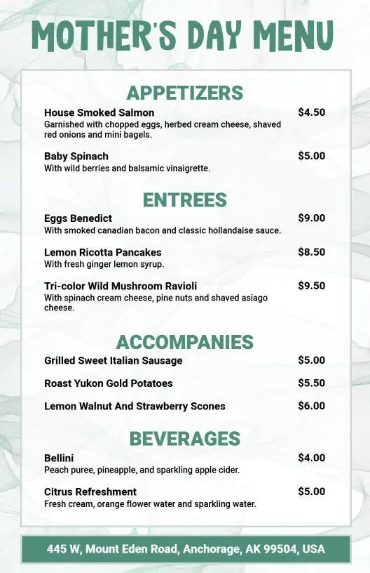 Minimalist Greenery Mother's Day Menu Template