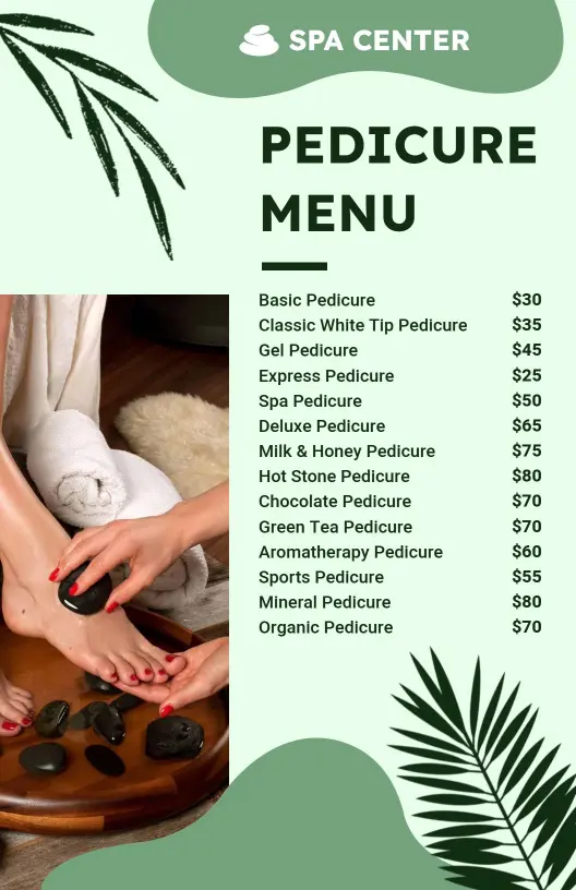 Minimalist Leaf Design Spa Pedicure Treatment Menu Template