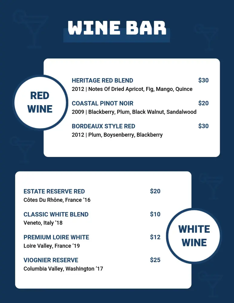 Minimalist Navy and White Wine Bar Menu Template