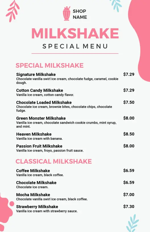 Minimalist Pink Themed Milkshake Options Menu Template